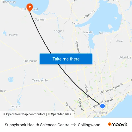 Sunnybrook Health Sciences Centre to Collingwood map