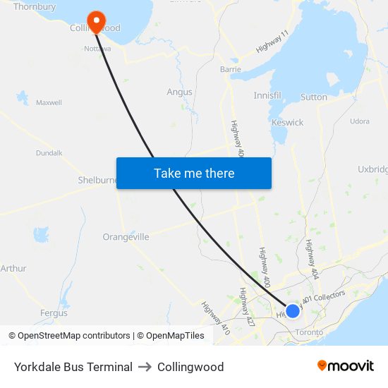 Yorkdale Bus Terminal to Collingwood map