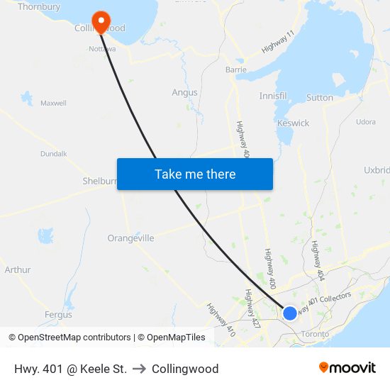 Hwy. 401 @ Keele St. to Collingwood map