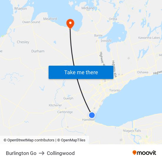 Burlington Go to Collingwood map