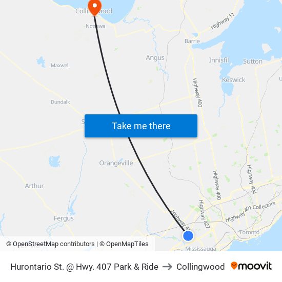 Hurontario St. @ Hwy. 407 Park & Ride to Collingwood map