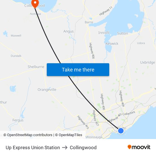 Up Express Union Station to Collingwood map