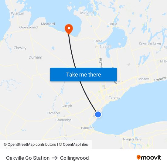 Oakville Go Station to Collingwood map