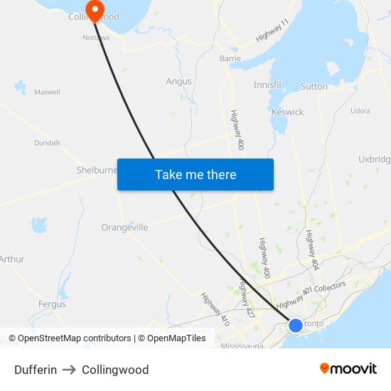 Dufferin to Collingwood map