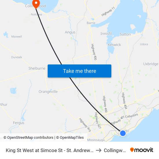 King St West at Simcoe St - St. Andrew Station to Collingwood map