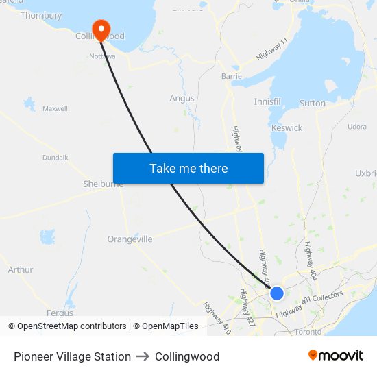 Pioneer Village Station to Collingwood map