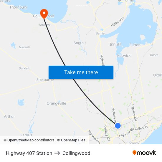 Highway 407 Station to Collingwood map