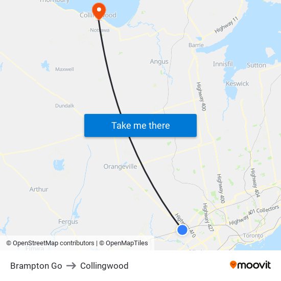 Brampton Go to Collingwood map