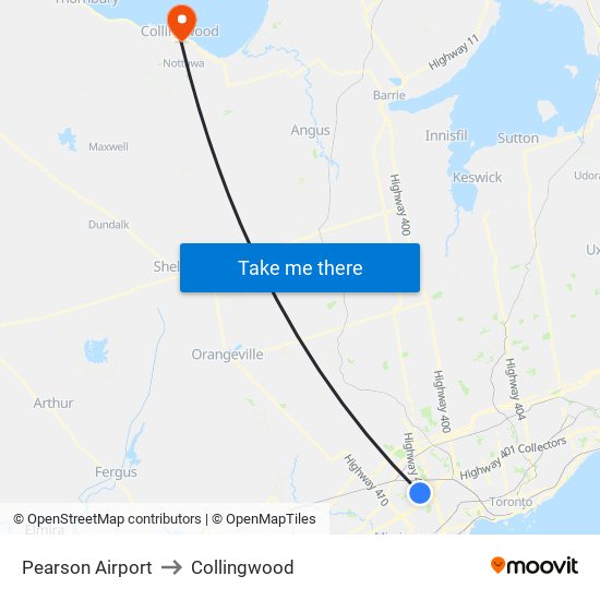 Pearson Airport to Collingwood map