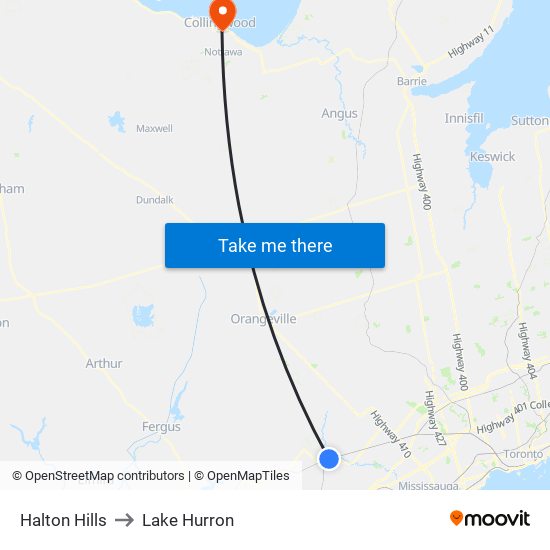 Halton Hills to Lake Hurron map