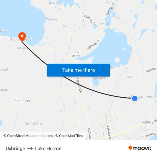 Uxbridge to Lake Hurron map