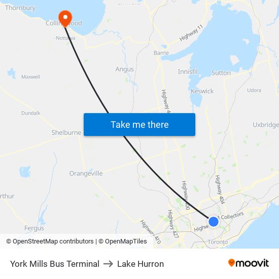 York Mills Bus Terminal to Lake Hurron map