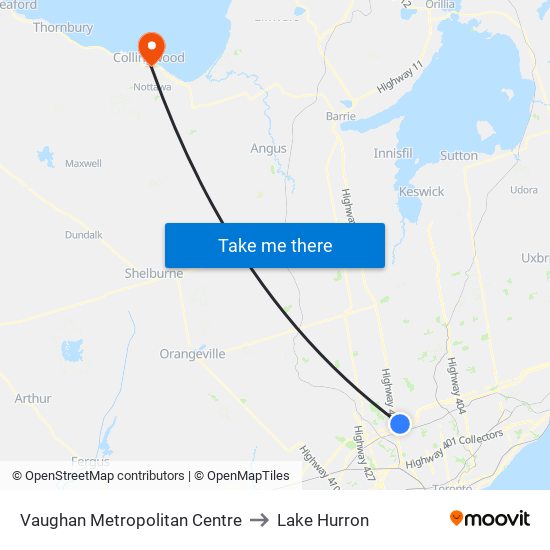 Vaughan Metropolitan Centre to Lake Hurron map