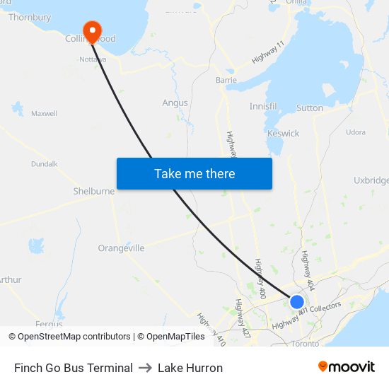 Finch Go Bus Terminal to Lake Hurron map