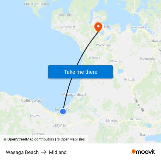 Wasaga Beach to Midland map