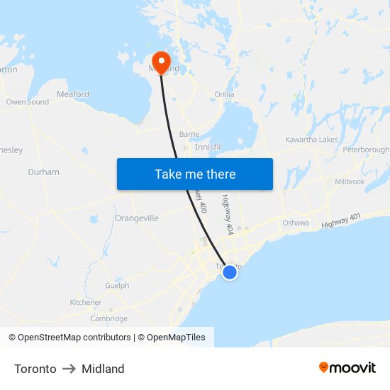 Toronto to Midland map