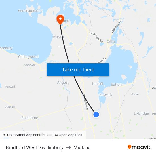 Bradford West Gwillimbury to Midland map