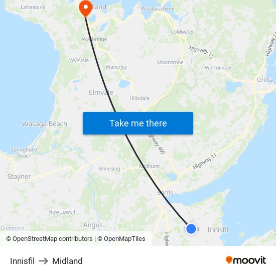 Innisfil to Midland map