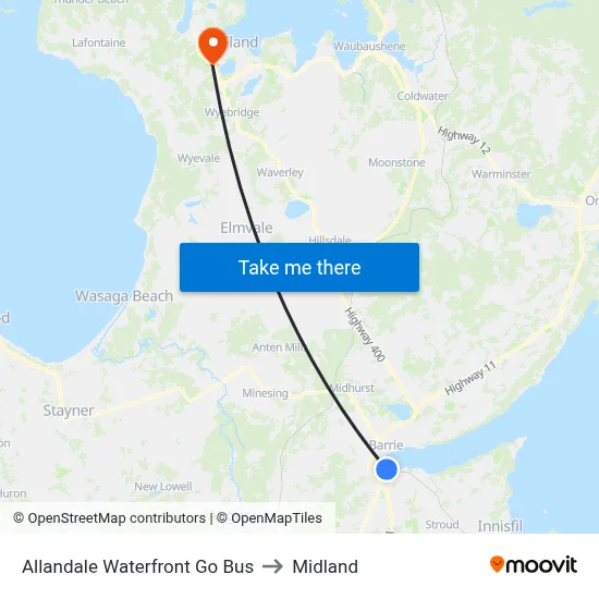 Allandale Waterfront Go Bus to Midland map