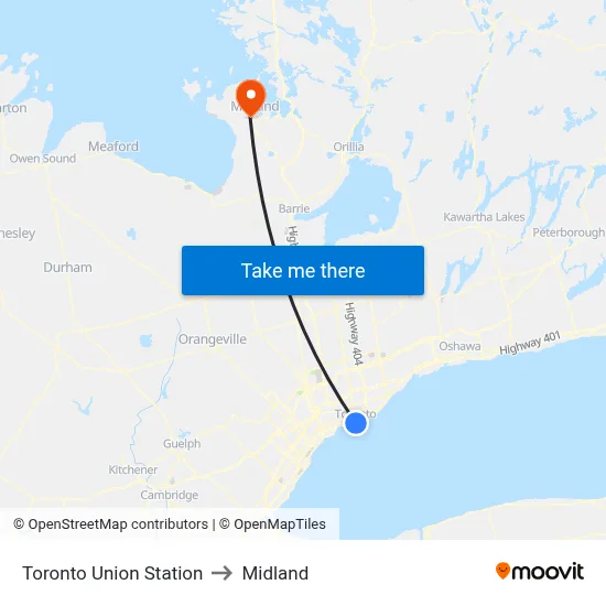Toronto Union Station to Midland map