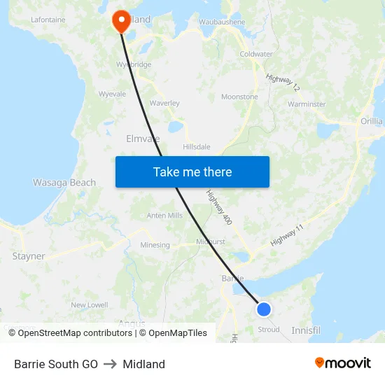 Barrie South GO to Midland map