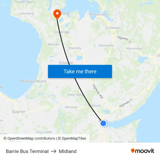 Barrie Bus Terminal to Midland map