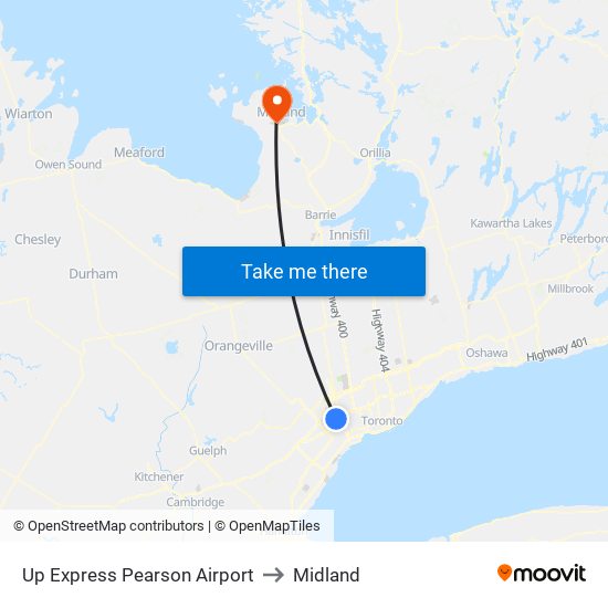 Up Express Pearson Airport to Midland map