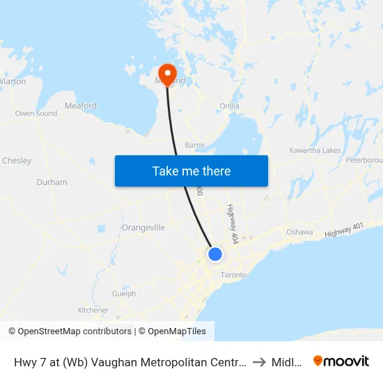 Hwy 7 at (Wb) Vaughan Metropolitan Centre Station to Midland map