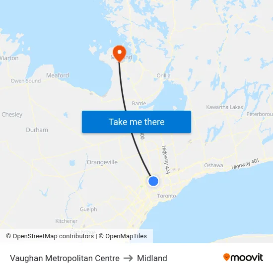 Vaughan Metropolitan Centre to Midland map