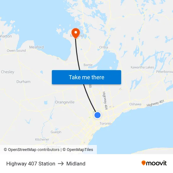 Highway 407 Station to Midland map