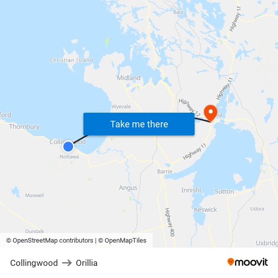 Collingwood to Orillia map