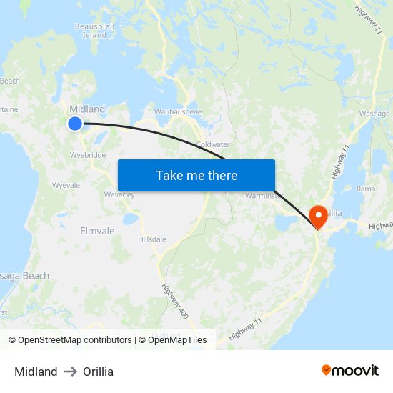 Midland to Orillia map