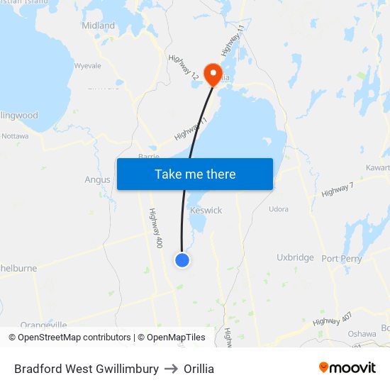 Bradford West Gwillimbury to Orillia map