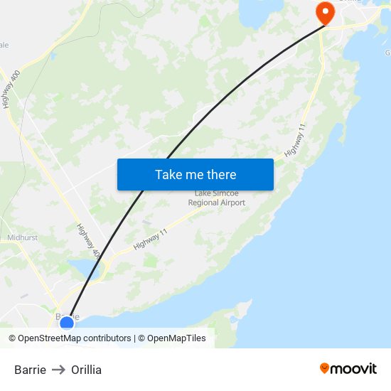 Barrie to Orillia map