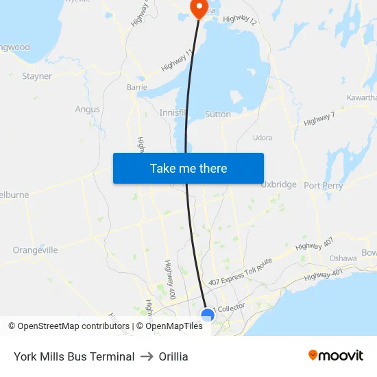 York Mills Bus Terminal to Orillia map