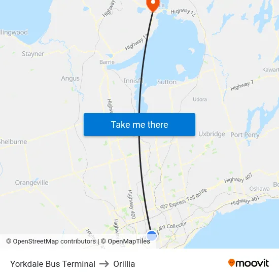 Yorkdale Bus Terminal to Orillia map