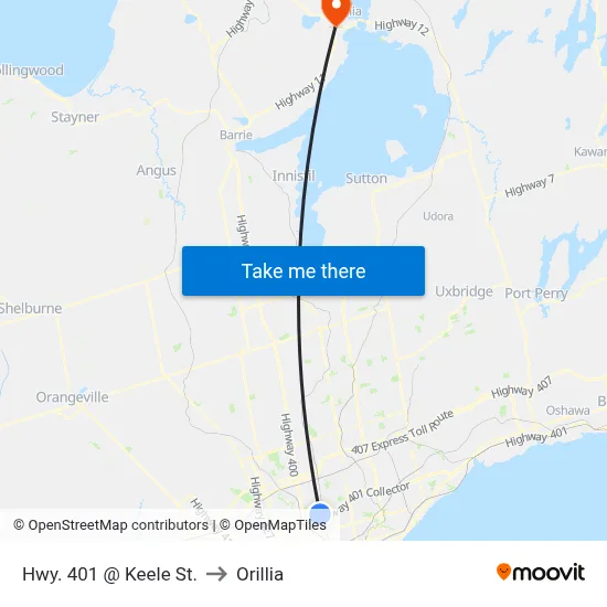 Hwy. 401 @ Keele St. to Orillia map