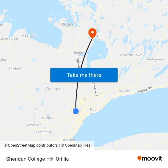 Sheridan College to Orillia map