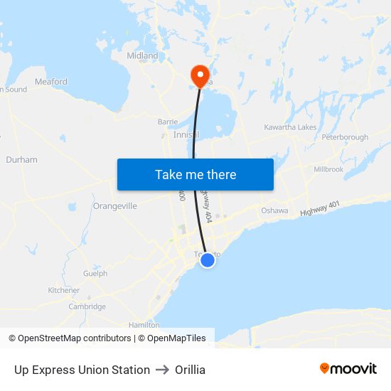 Up Express Union Station to Orillia map