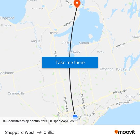 Sheppard West to Orillia map