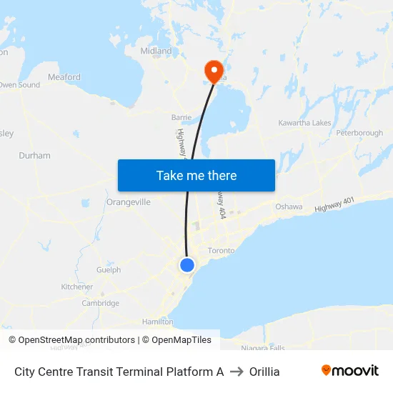 City Centre Transit Terminal Platform A to Orillia map
