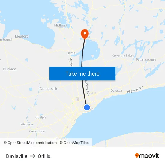Davisville to Orillia map