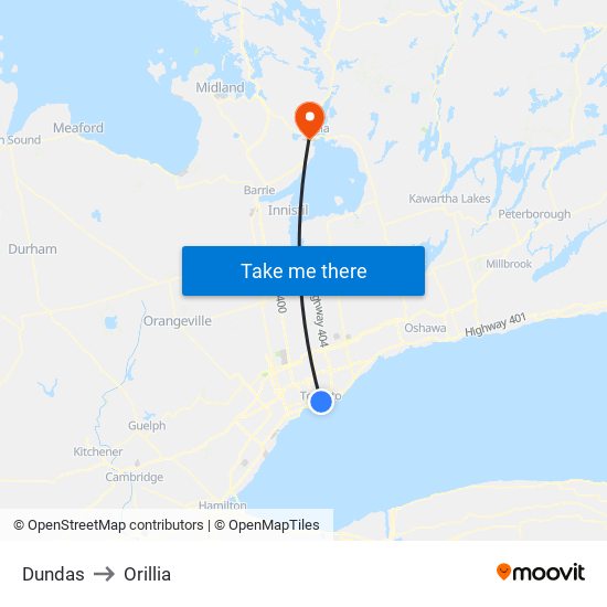 Dundas to Orillia map