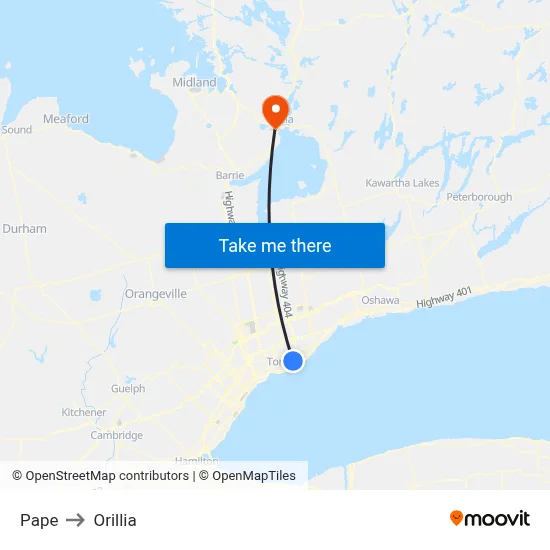 Pape to Orillia map