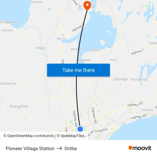 Pioneer Village Station to Orillia map