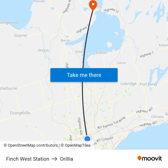 Finch West Station to Orillia map