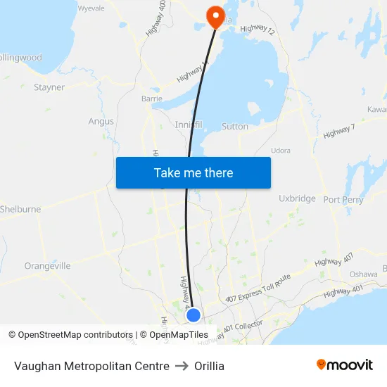 Vaughan Metropolitan Centre to Orillia map