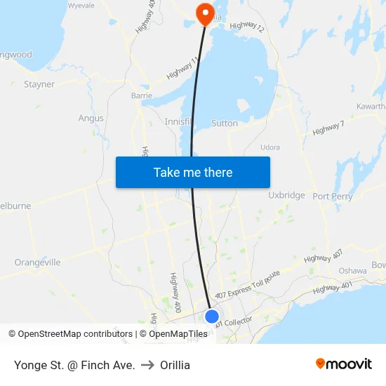 Yonge St. @ Finch Ave. to Orillia map