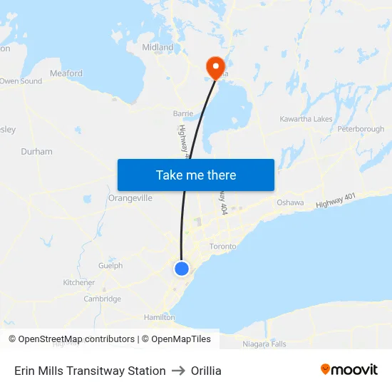 Erin Mills Transitway Station to Orillia map