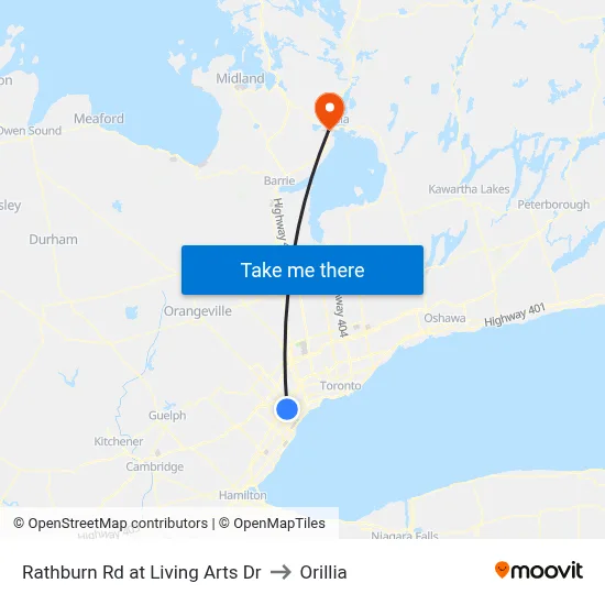 Rathburn Rd at Living Arts Dr to Orillia map